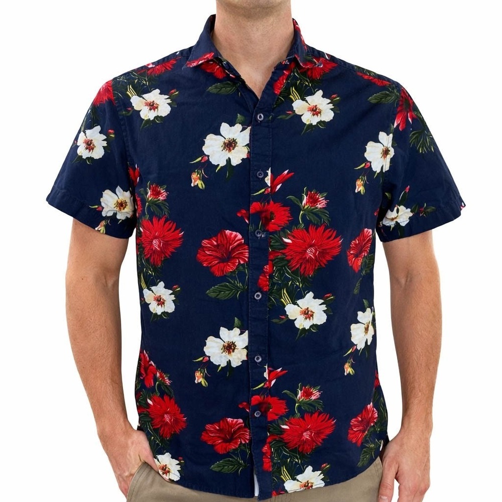 Denim & Flower Ricky Singh Hawaiian Shirt Medium Tropical Flowers Dark Blue